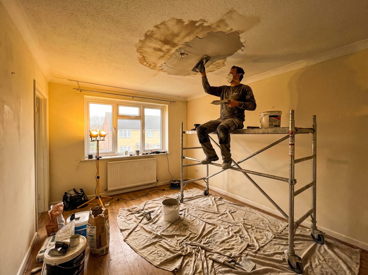 Ceiling water damage being repaired