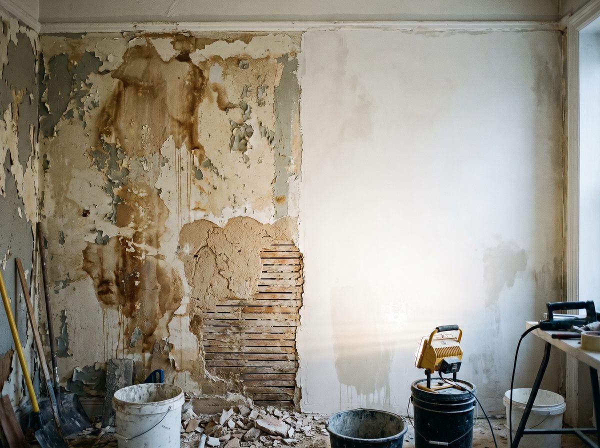 Water damaged wall being repaired in Brooklyn apartment